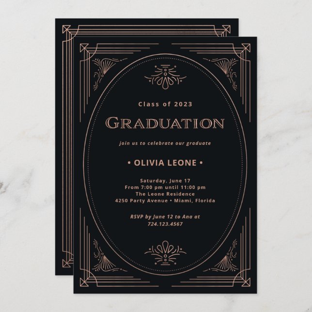 Modern Deco | Faux Rose Gold and Black Graduation Invitation (Front/Back)