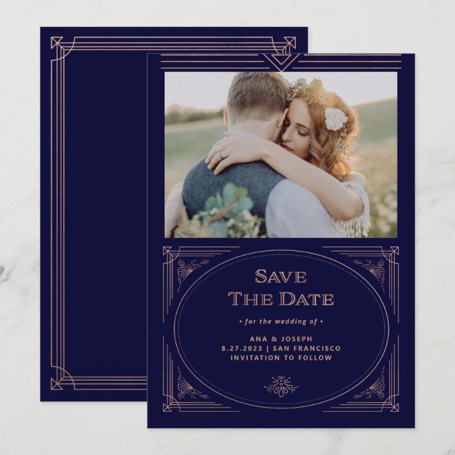 Modern Deco | Faux Rose Gold and Navy Blue Photo Save The Date (Front/Back)