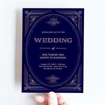 Modern Deco | Faux Rose Gold And Navy Blue Wedding Invitation by Customize_My_Wedding at Zazzle