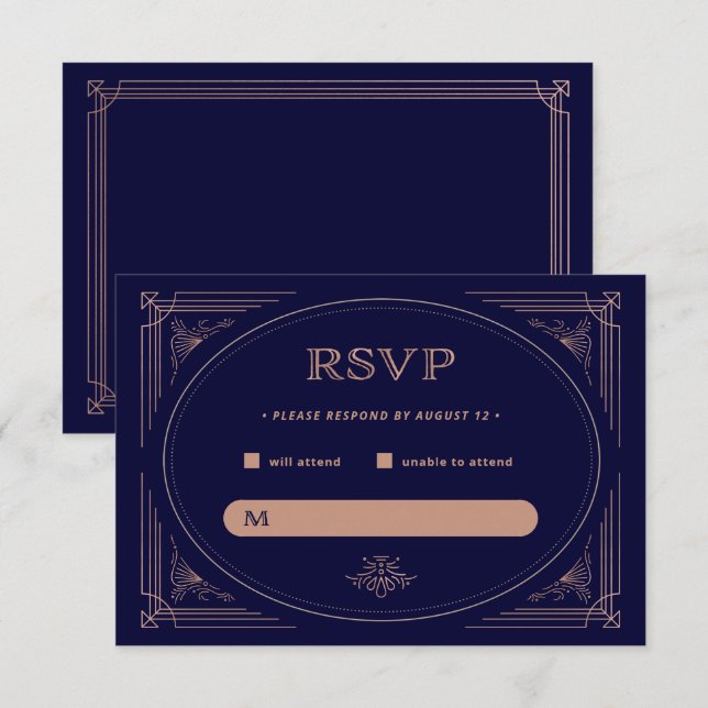 Modern Deco | Faux Rose Gold and Navy Blue Wedding RSVP Card (Front/Back)