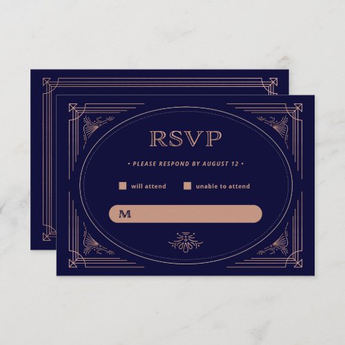 Modern Deco  Faux Rose Gold and Navy Blue Wedding RSVP Card