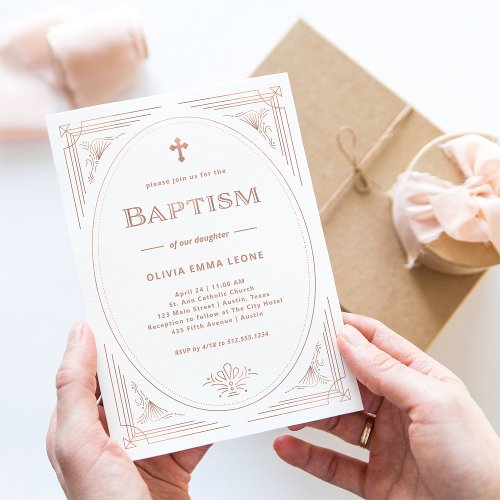 Modern Deco  Faux Rose Gold and White Baptism Invitation