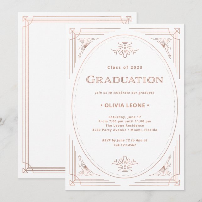 Modern Deco | Faux Rose Gold and White Graduation Invitation (Front/Back)