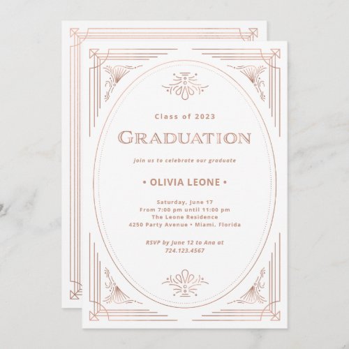 Modern Deco  Faux Rose Gold and White Graduation Invitation