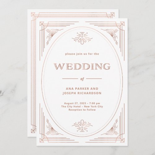 Modern Deco  Faux Rose Gold and White Wedding Invitation