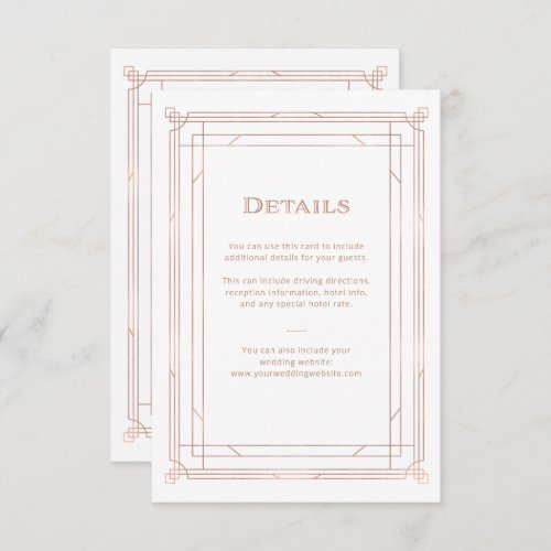 Modern Deco  Faux Rose Gold Wedding Guest Details Enclosure Card