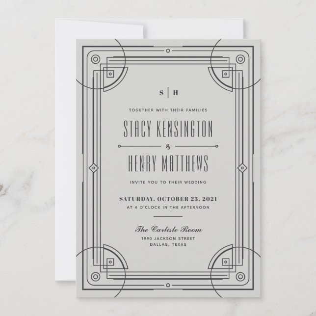 Modern Deco Frame Wedding Invitation - Gray (Front)