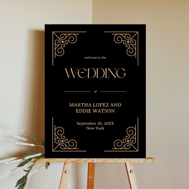 Modern Deco Gold and Black Welcome Wedding Poster (Modern deco gold and black welcome wedding poster adds a luxe personalized welcome for guests)