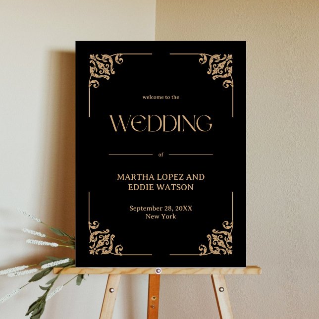 Modern Deco Gold and Black Welcome Wedding Poster (Modern deco gold and black welcome wedding poster sets a luxe personalized tone for your day)