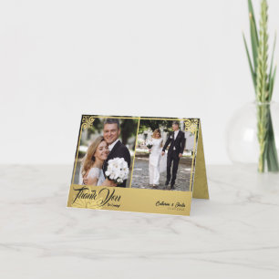 Modern Deco Gold Peacock 2 Photo Wedding Folded Letterpress Thank You Card