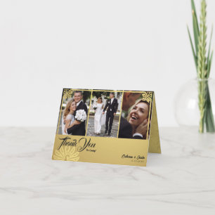 Modern Deco Gold Peacock 3 Photo Wedding Folded Letterpress Thank You Card