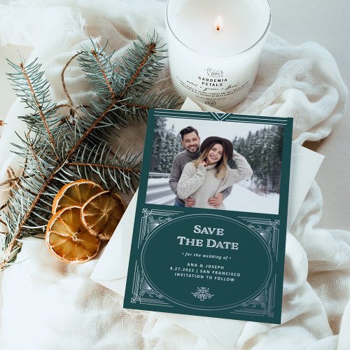 Modern Deco  Green Holiday Photo Save the Date Foil Invitation