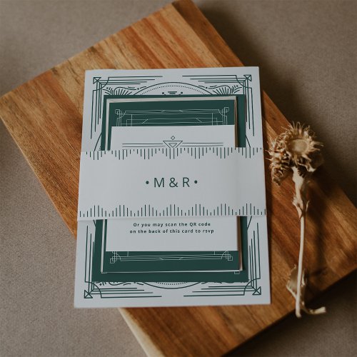Modern Deco Light Silver White and Green Monograms Invitation Belly Band