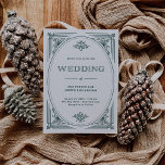 Modern Deco | Light Silver White and Green Wedding Invitation<br><div class="desc">These glamorous wedding invitations feature a modern spin on classic art deco. An ornate,  festive green geometric frame and ornamentation decorate an elegant very light silver/white background for a dramatic,  glamorous and vintage 1920's wedding look that is perfect for your Christmas holiday wedding. Your photo goes onto the back.</div>
