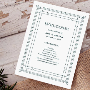 Modern Deco Light Silver White and Green Wedding Program