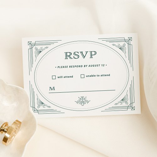 Modern Deco  Light Silver White and Green Wedding RSVP Card