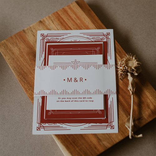 Modern Deco  Light Silver White and Red Monograms Invitation Belly Band