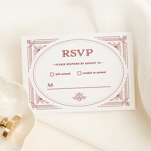 Modern Deco  Light Silver White with Red Wedding RSVP Card