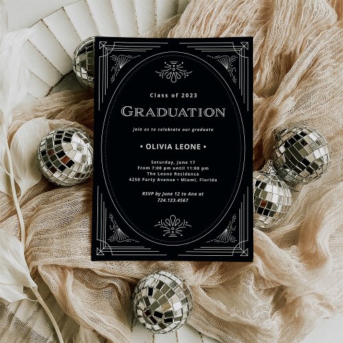 Modern Deco  Onyx Black and White Graduation  Invitation