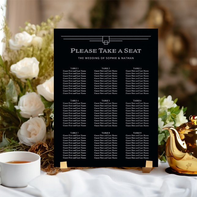 Modern Deco | Onyx Black and White Seating Chart (A dark onyx black and white wedding seating chart with elegant art deco style)