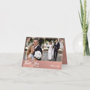 Modern Deco Pink Peacock 2 Photo Wedding Folded Letterpress Thank You Card