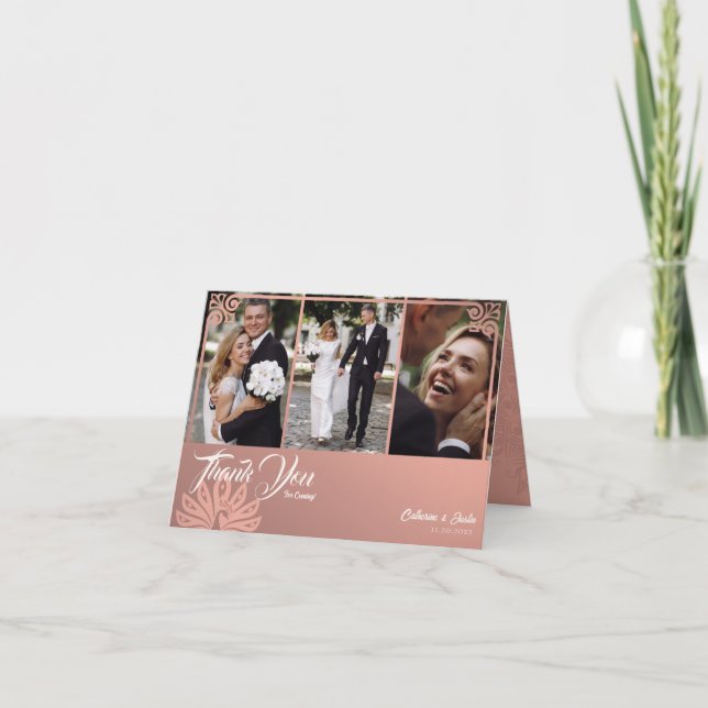 Modern Deco Pink Peacock 3 Photo Wedding Folded Thank You Card (Front)