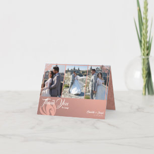 Modern Deco Pink Swan 3 Photo Wedding Folded Letterpress Thank You Card