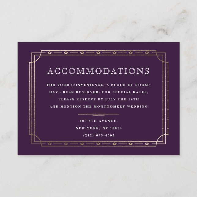 Modern Deco Plum Gold Foil Wedding Accommodation Enclosure Card (Front)