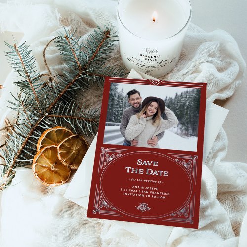 Modern Deco  Red Holiday Photo Save the Date Foil Invitation