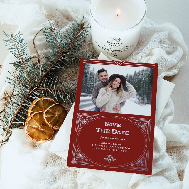 Modern Deco | Red Holiday Photo Save the Date Foil Invitation (An elegant, art deco save the date in silver foil and festive red, perfect for your holiday wedding)
