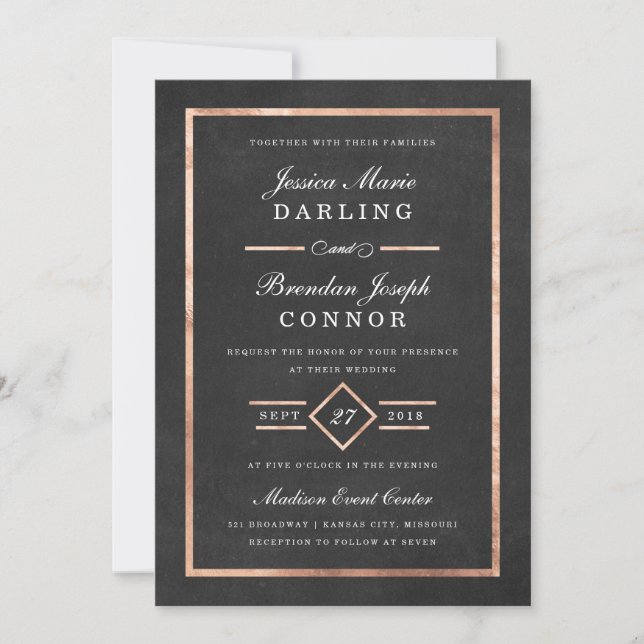 Modern Deco Rose Gold & Black Wedding Invitation (Front)
