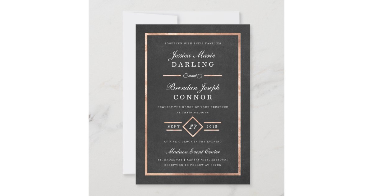 Modern Deco Rose Gold & Black Wedding Invitation | Zazzle