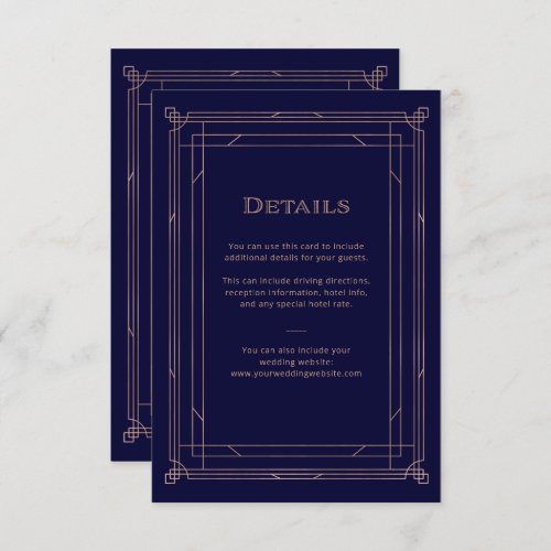 Modern Deco Rose Gold  Navy Wedding Guest Details Enclosure Card