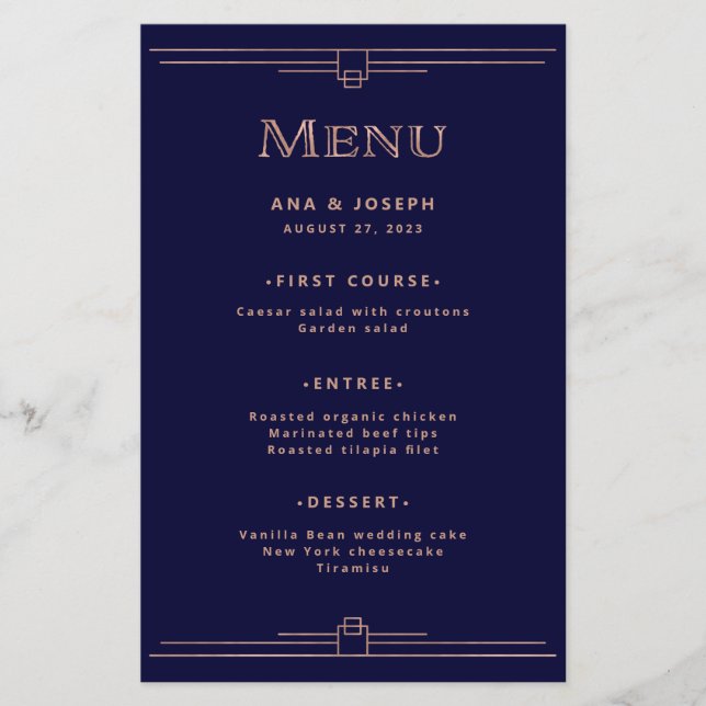 Modern Deco | Rose Gold on Navy Blue Wedding Menu Flyer (Front)