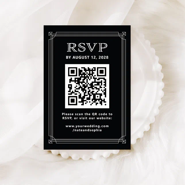 Modern Deco RSVP with QR Code | Onyx Black Enclosure Card | Zazzle