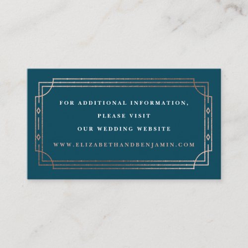 Modern Deco Teal Blue Rose Gold Wedding Website Enclosure Card