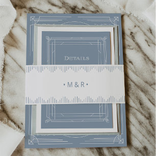 Modern Deco   White and Dusty Blue Monograms Invitation Belly Band