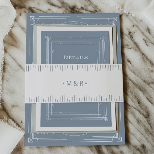 Modern Deco  White and Dusty Blue Monograms Invitation Belly Band