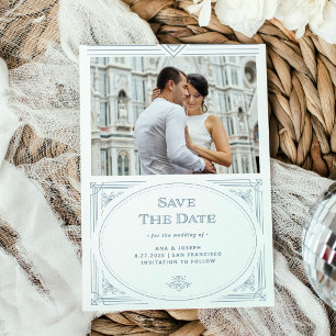 Modern Deco   White and Dusty Blue with Photo Save The Date