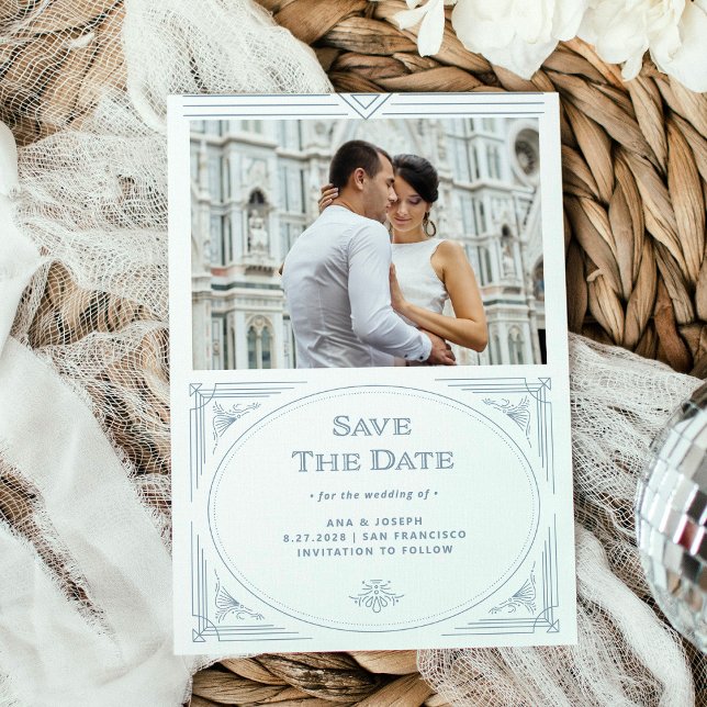 Modern Deco | White and Dusty Blue with Photo Save The Date (Creator Uploaded)