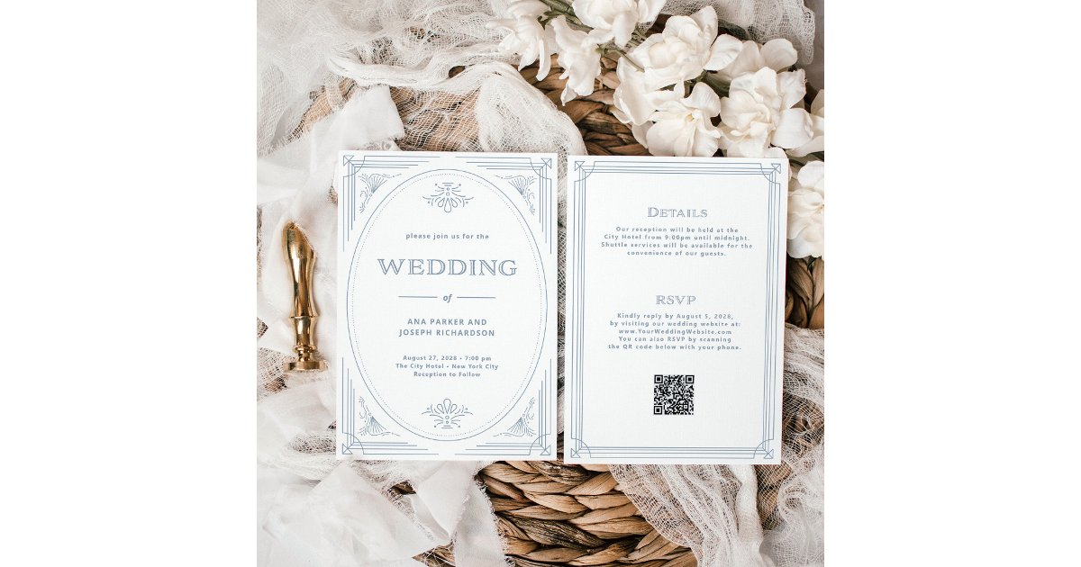 Modern Deco White | Dusty Blue All in One Wedding Invitation | Zazzle