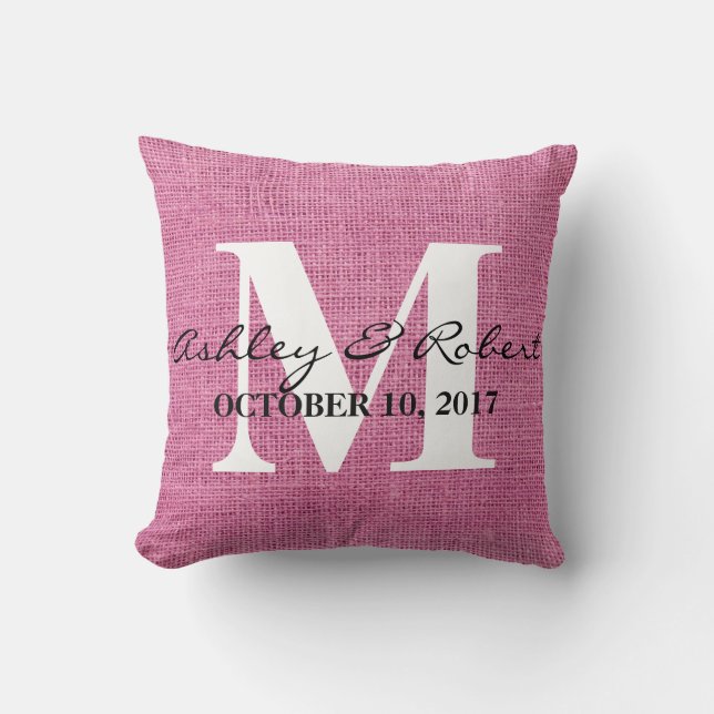Modern Decorative Burlap White Monogram Wedding Throw Pillow (Front)