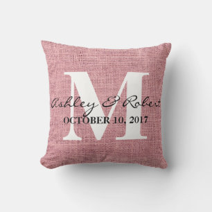 Modern Decorative Burlap White Monogram Wedding Throw Pillow