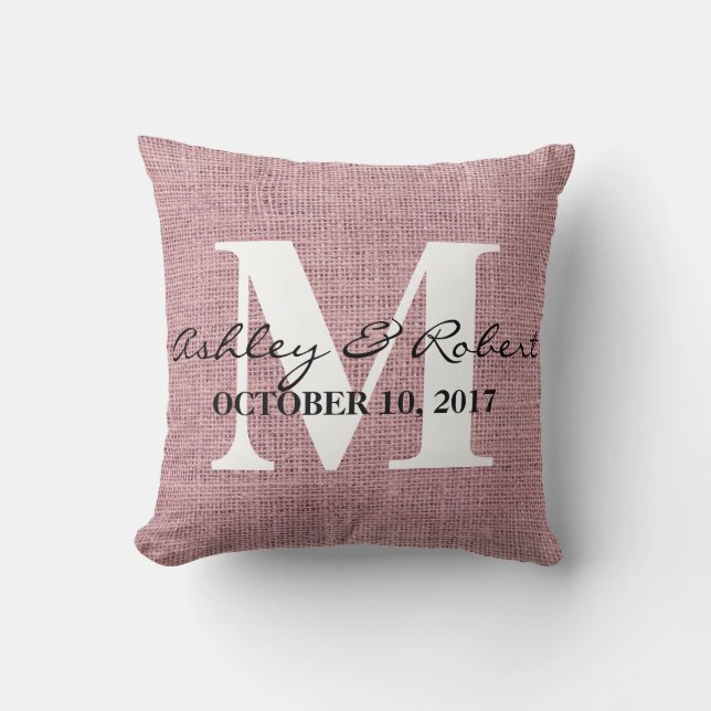Modern Decorative Burlap White Monogram Wedding Throw Pillow (Front)