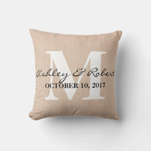 Modern Decorative Burlap White Monogram Wedding Throw Pillow