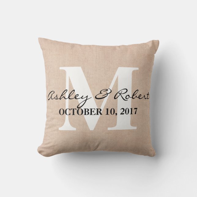 Modern Decorative Burlap White Monogram Wedding Throw Pillow (Front)