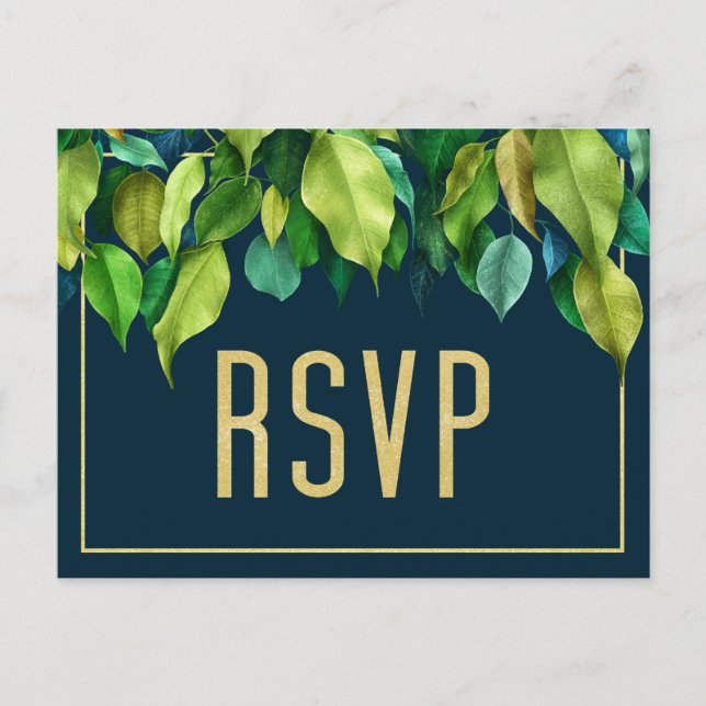 Modern Deep Blue Elegant Foliage Wedding RSVP Postcard (Front)