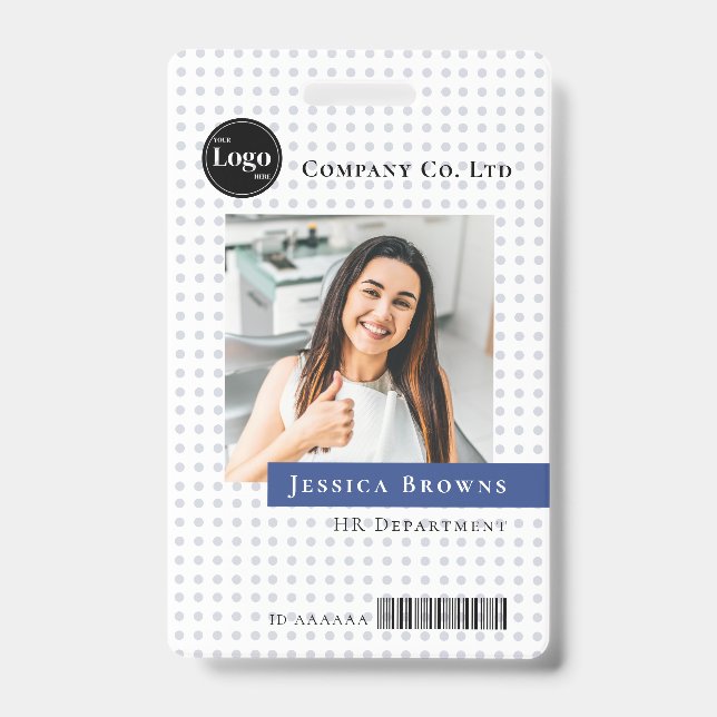 Modern Deep Blue Employee Company Logo Photo QR Badge (Front)