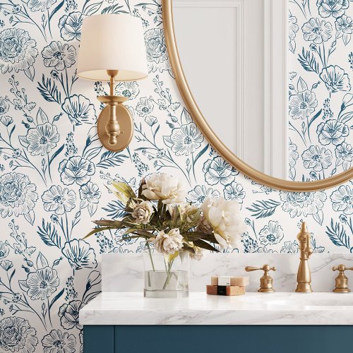 Modern Deep Blue Line Art Floral Foliage Pattern Wallpaper