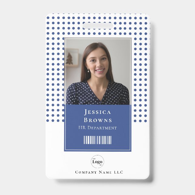 Modern Deep Blue Student Employee Photo QR Barcode Badge (Front)